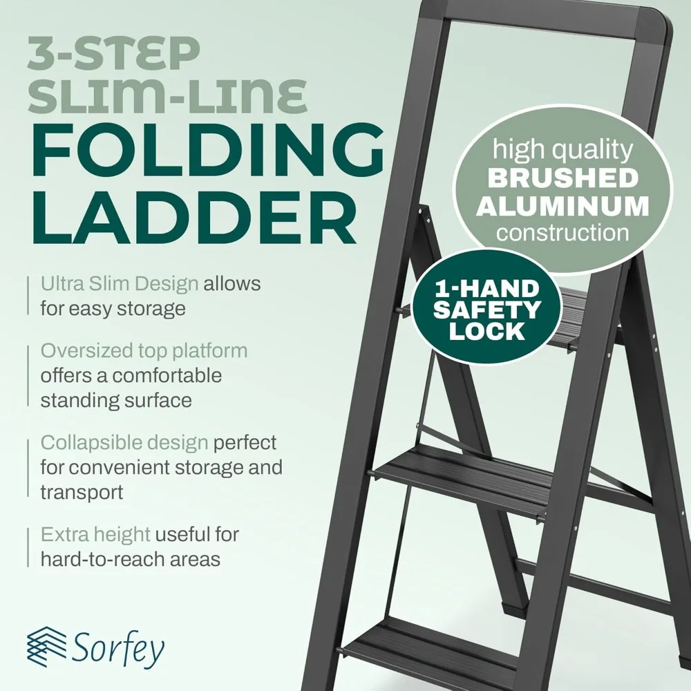 Escada dobrável de 3 degraus, design moderno de alumínio preto, mecanismo de bloqueio, perfil fino, degraus antiderrapantes, resistente e segura para uso doméstico