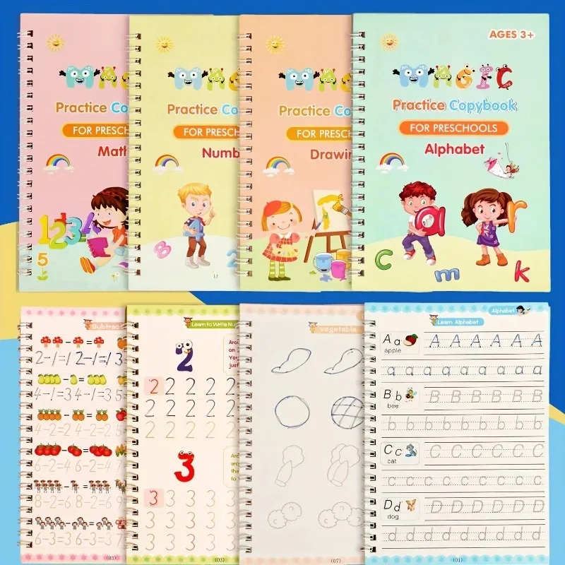 4-Pack Children's Magic Practice Copybooks Set with Pen Reusable 3D Groove Writing Pad Kids Workbooks for Handwriting