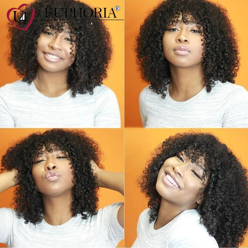 

Kinky Curly Brazilian Remy Human Hair Full Machine Made None Lace Wigs Natural Color Hair Wigs With Bang Afro Curly Wig EUPHORIA