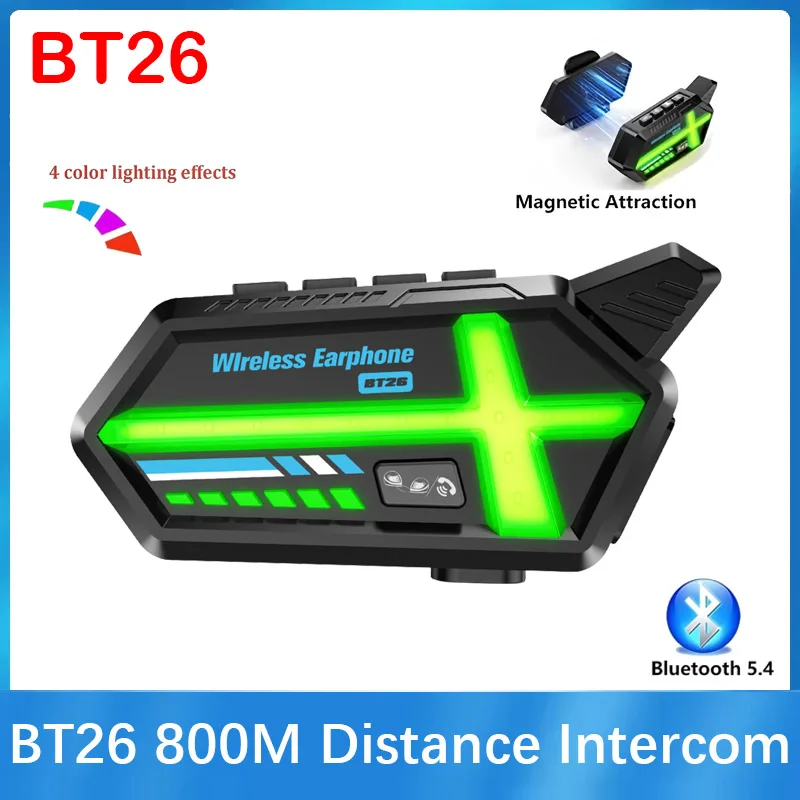 

BT26 Гарнитура для мотоциклетного шлема Bluetooth-домофон с RGB окружающим освещением 2 гонщики Расстояние 800 м Сильное магнитное притяжение