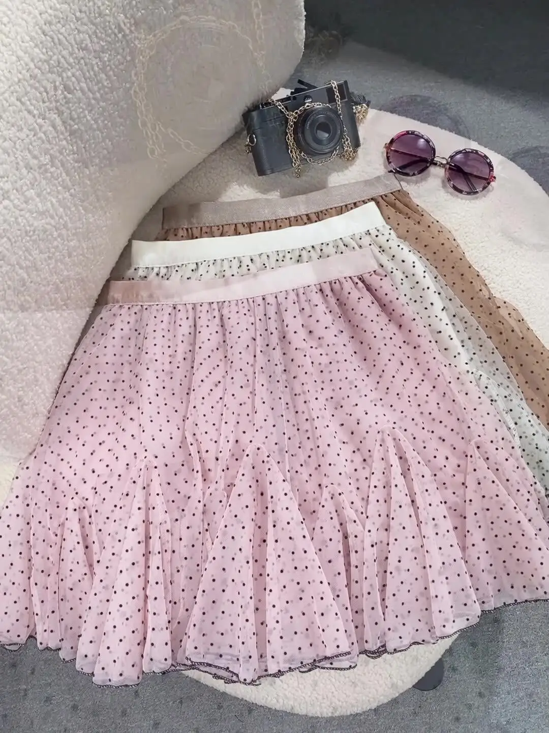 Korean Style Fashion Pleated Polka Dot Mesh Skirt 2026 New Women's A-Line Skirt Elastic Waisted Sweet Ruffled Fluffy Skirt