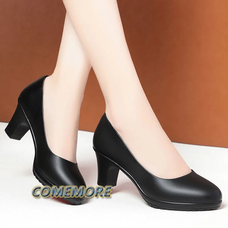 Women Fashion High Quality Elegant Square Heel Pumps Lady Cute Classic Black Office Heel Shoes Spring Autumn PU Zapatos De Mujer