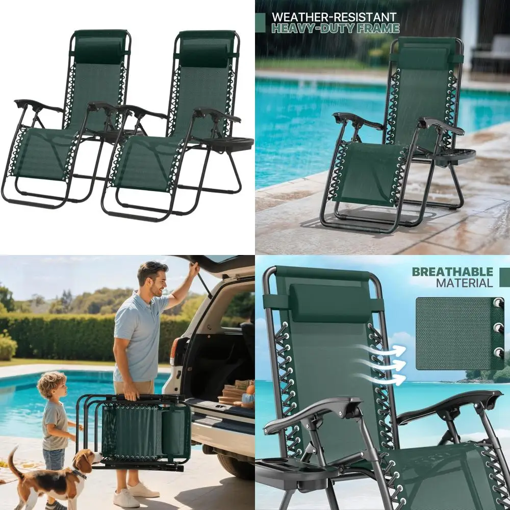 

Комплект из 2 уличных кресел-реклайнеров с боковыми столиками, регулируемой функцией антигравитации, подушкой для отдыха, идеально подходят для патио, газона, пляжа, зеленого газона