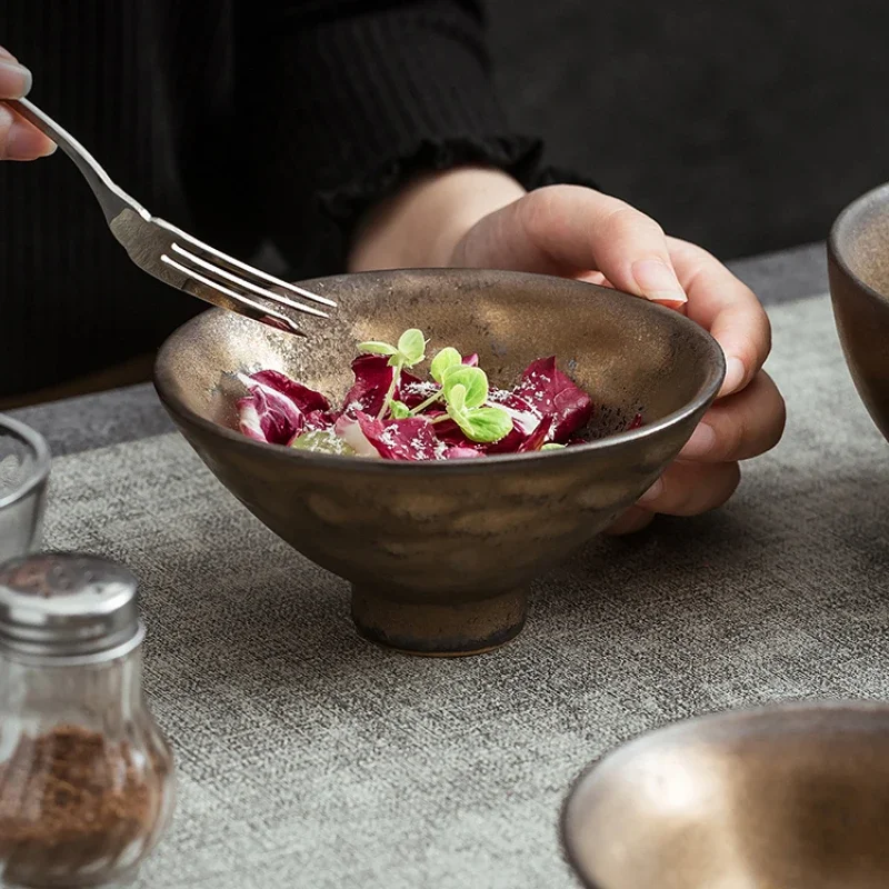 Retro Japanese Handmade Coarse Pottery Threaded Straw Hat Bowl Creative Ceramic Tableware Pasta Salad Plate Home Soup Plate