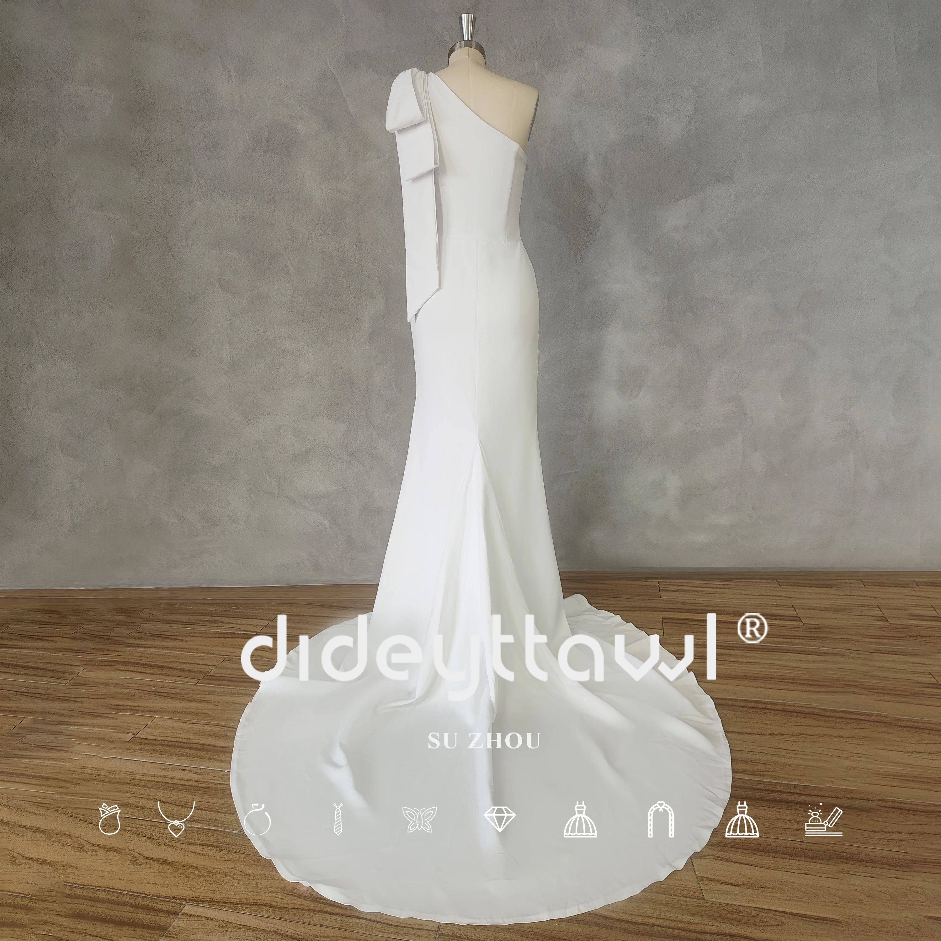 DIDEYTTAWL Real Picture Simple One-Shoulder Crepe Sleeveless Mermaid Wedding Dress Bow Court Train Bridal Gown Custom Made