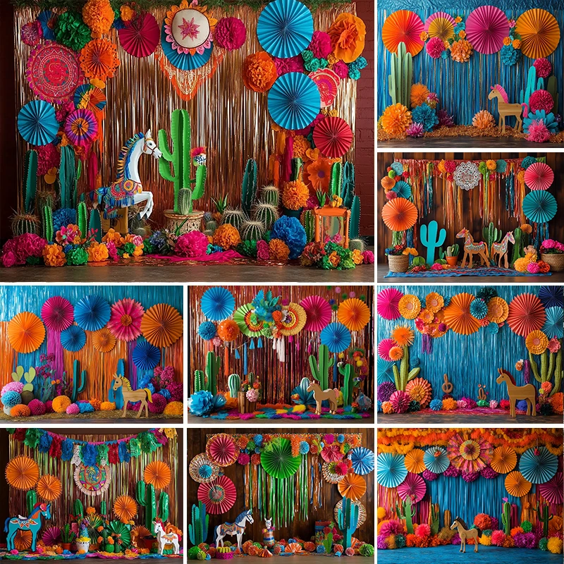 

LS Photography Backgrounds Mexican Carnival Party Kids Adult Portrait Photo Backdrops Rain Silk Cutout Flower Cactus Decoration