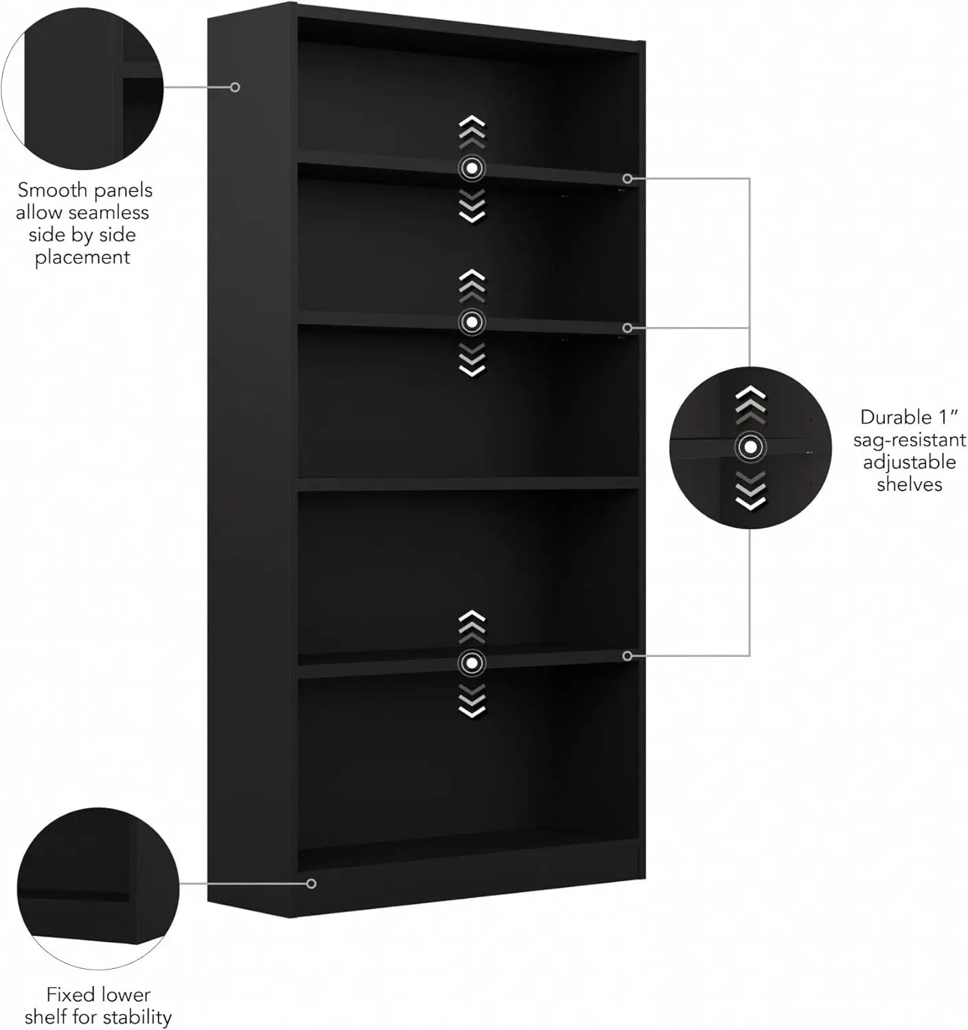 5 Shelf Bookcase in Black, Vertical Storage and Display Bookshelf for Home Office or Living Room