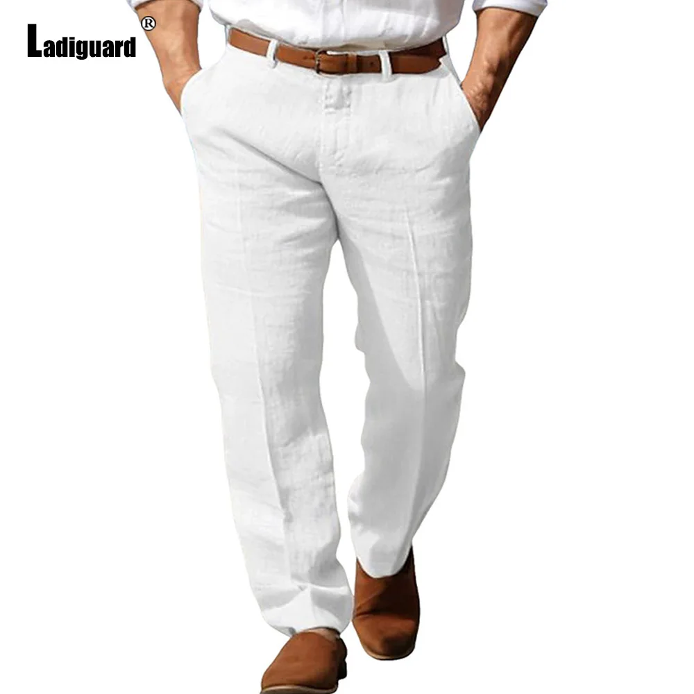 Men\'s Stand Pockets Cotton Linen Pants Solid Light Gray Ankle-Length Trouser Plus Size Mens Casual Beach Straight Hotpants New
