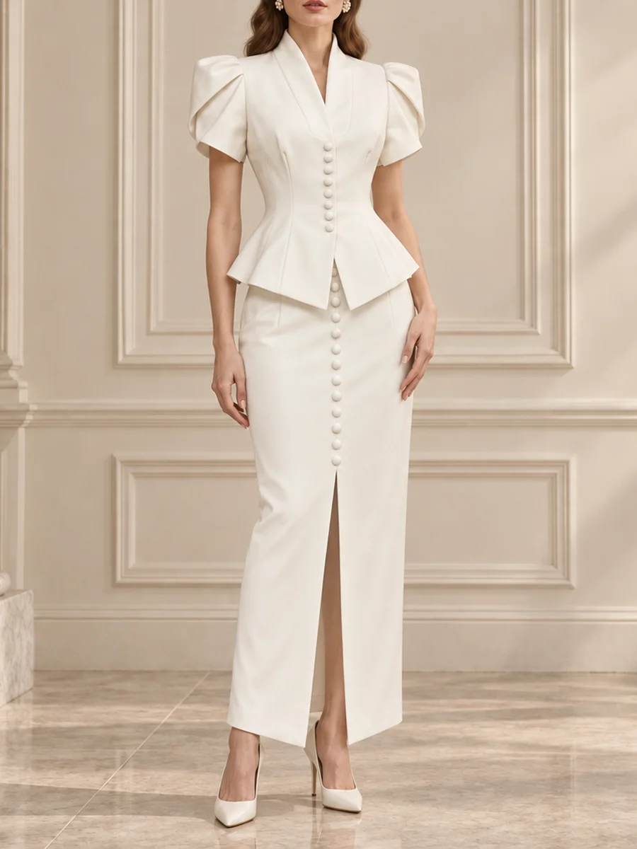 TWOTWINSTYLE Solid Spliced Button Slimming Two Piece Set for Women V Collar Puff Sleeve Jacket High Waist Midi Skirt Sets Female