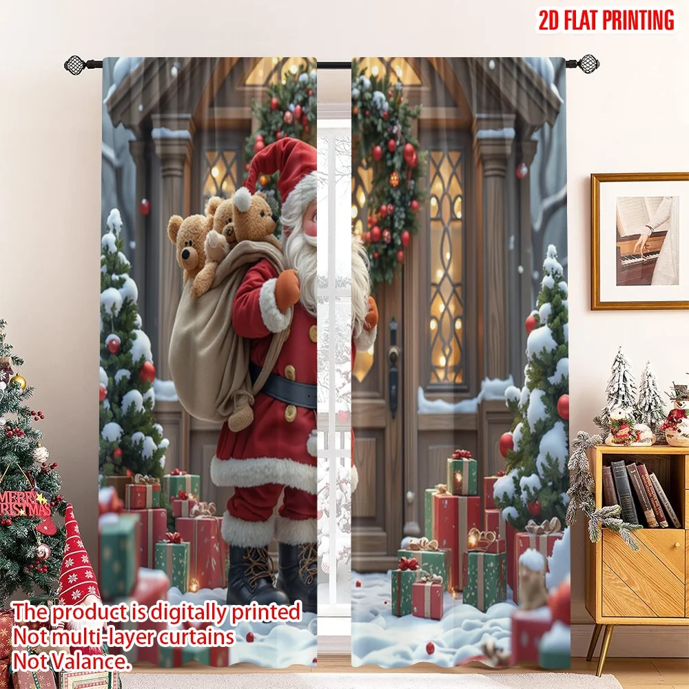 

2pcs 2D flat printing Christmas Curtains Santa Claus Gift Bag Festive Fun Fabric Without Electricity Festive Wall Decor Perfect