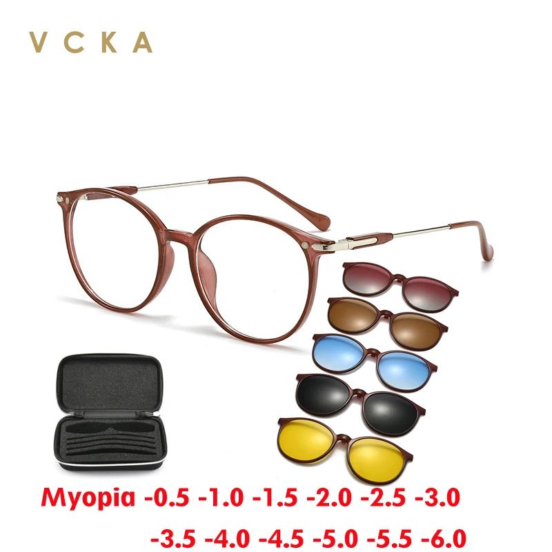 

VCKA Women Round Myopia Sunglasses Magnet Clip Optical Glasses Transparent Brown Frame Custom Prescription Eyewear -0.50 to -10