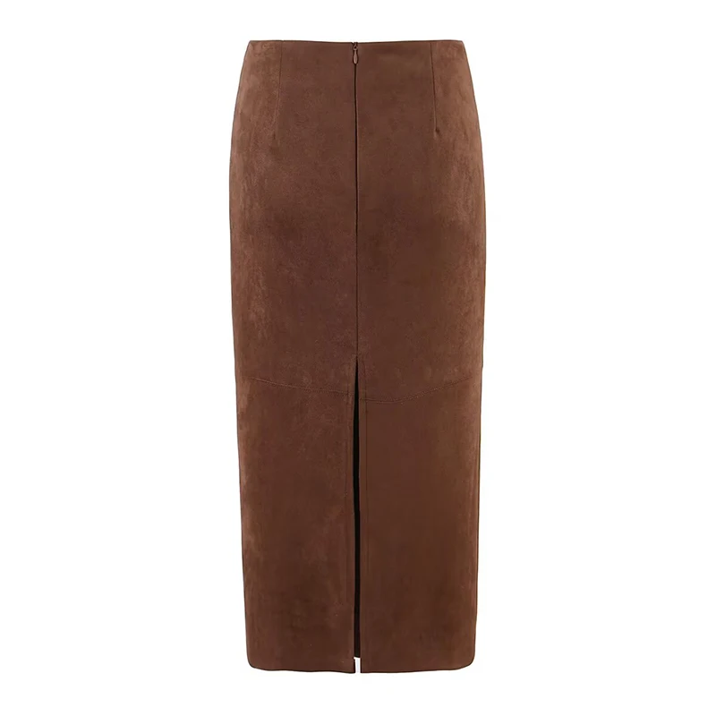 YENKYE Faux Suede Midi Skirt Women Vintage High Waist Sexy Hem Slit Pencil Skirts