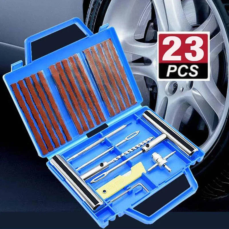 23PCS Universal Car Tire Repair Kit Plug Flats Patch Heavy Duty Tire Repair Tool Emergency Fix Punctures Motorcycle UTV SUV ATV