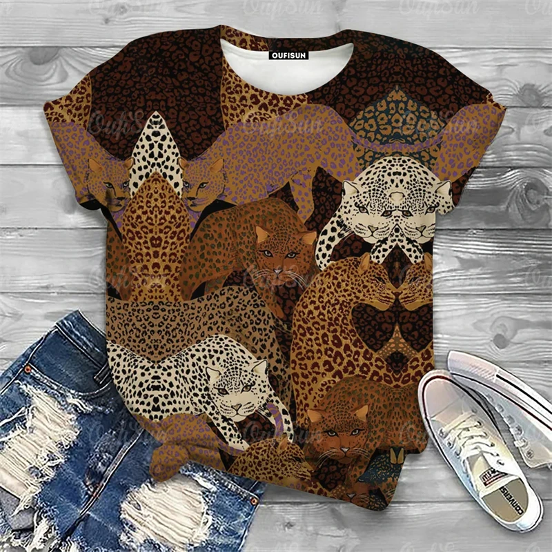 2024 Tops Ladies Cheetah Tiger Print Women\'s T-Shirt Oversized Summer Womens Clothes Animal Graphic Short Sleeve Female Clothing