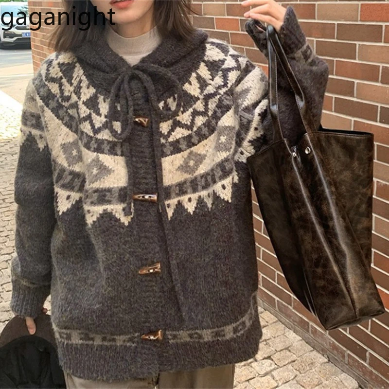 

Gaganight Women Vintage Cow Horn Button Jacquard Sweater Jacket 2024 Autumn Winter Contrast Color Hooded Knitted Cardigan Thick