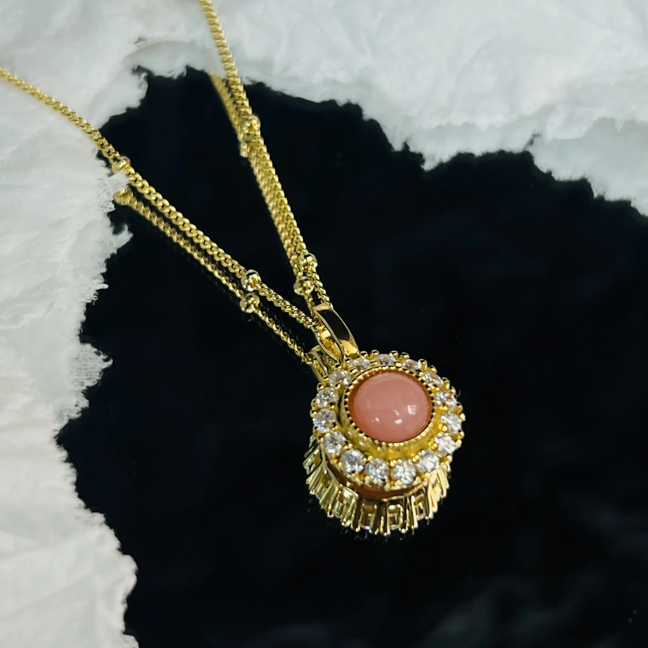 

S925 silver pink natural opal necklace sweet fan fashion all-match
