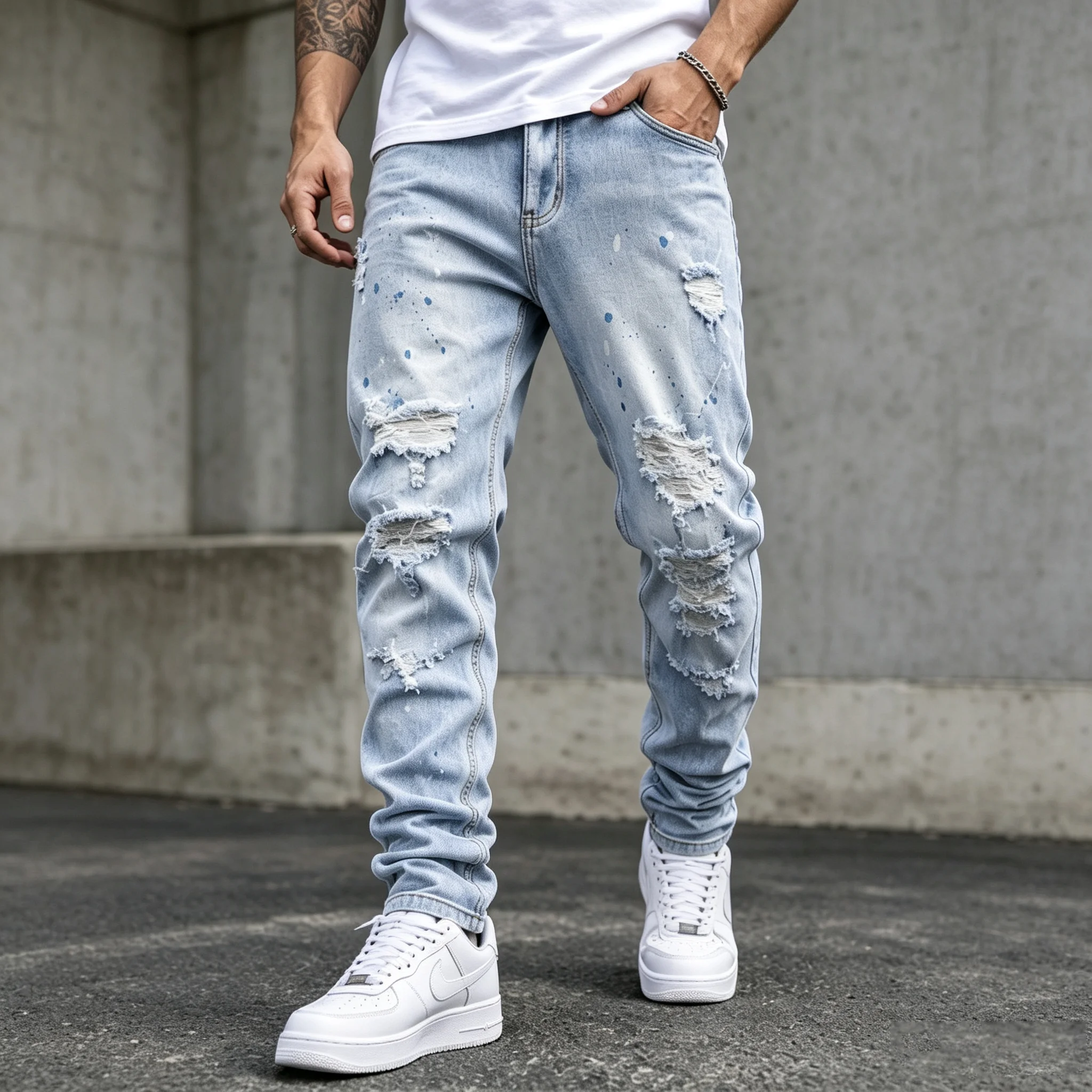 Men Y2K Vintage Washed Jeans Paint Splatter Ripped Distressed Denim Pants Hip Hop Streetwear Loose Tapered Casual Trousers