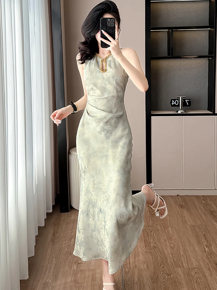 2025 nova impressão sem mangas chique diamantes luxo vestido longo feminino elegante babados vestido de verão coreano bodycon festa vestidos