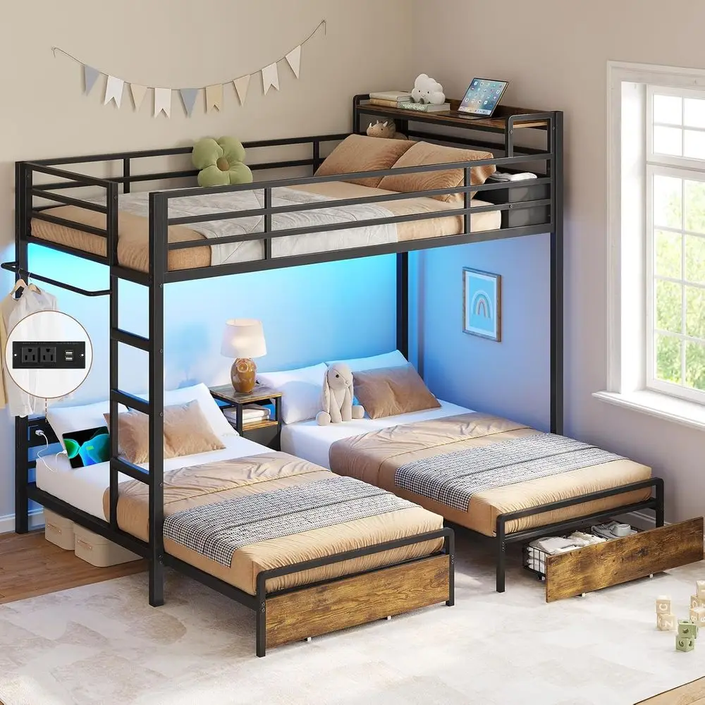 

Triple Bunk Bed with Storage Drawers and Charging Station, Twin Over Twin Metal, 3 Beds, Guardrails, Ladder, Black