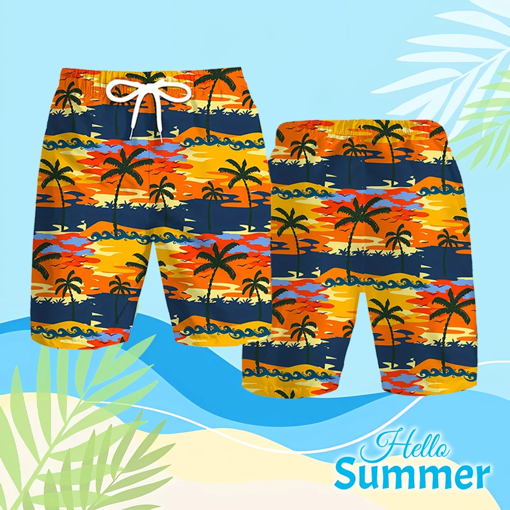 

Party Gathering Casual Men's Shorts Seaside Sunset Coconut Tree Print Beach Pants Summer Comfortable Breathable Swimming Shorts