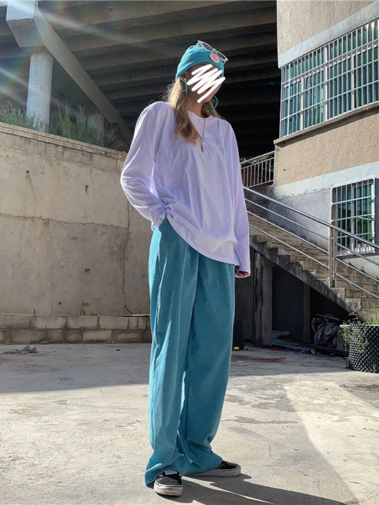 HOUZHOU Blue Corduroy Pants Women Korean Style 2021 Fashion Oversize Straight Summer Streetwear Kpop Wide Leg Trousers Female