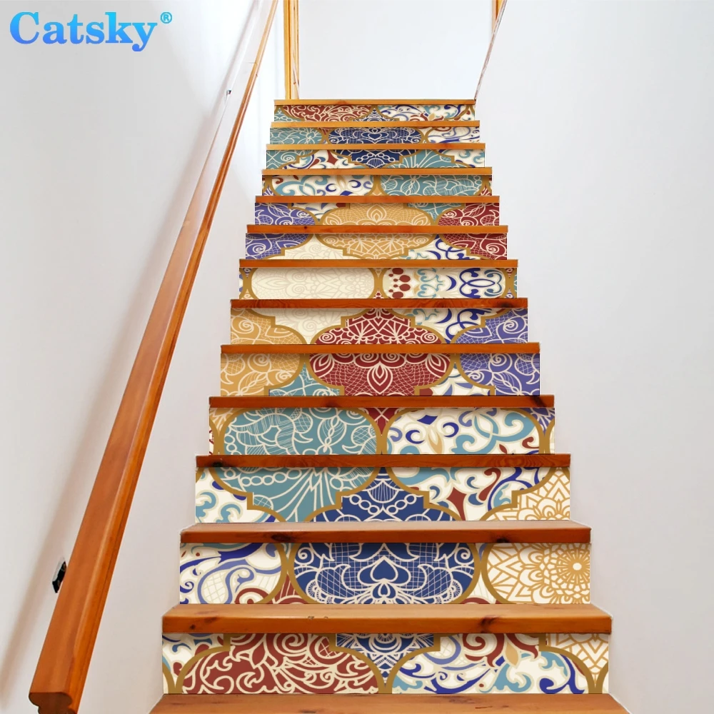 Ethnic Style Printstyle,Mandala,6pcs 13pcs/Set Stair Floor Stickers Waterproof Removable Self Adhesive Diy Stairway Decals