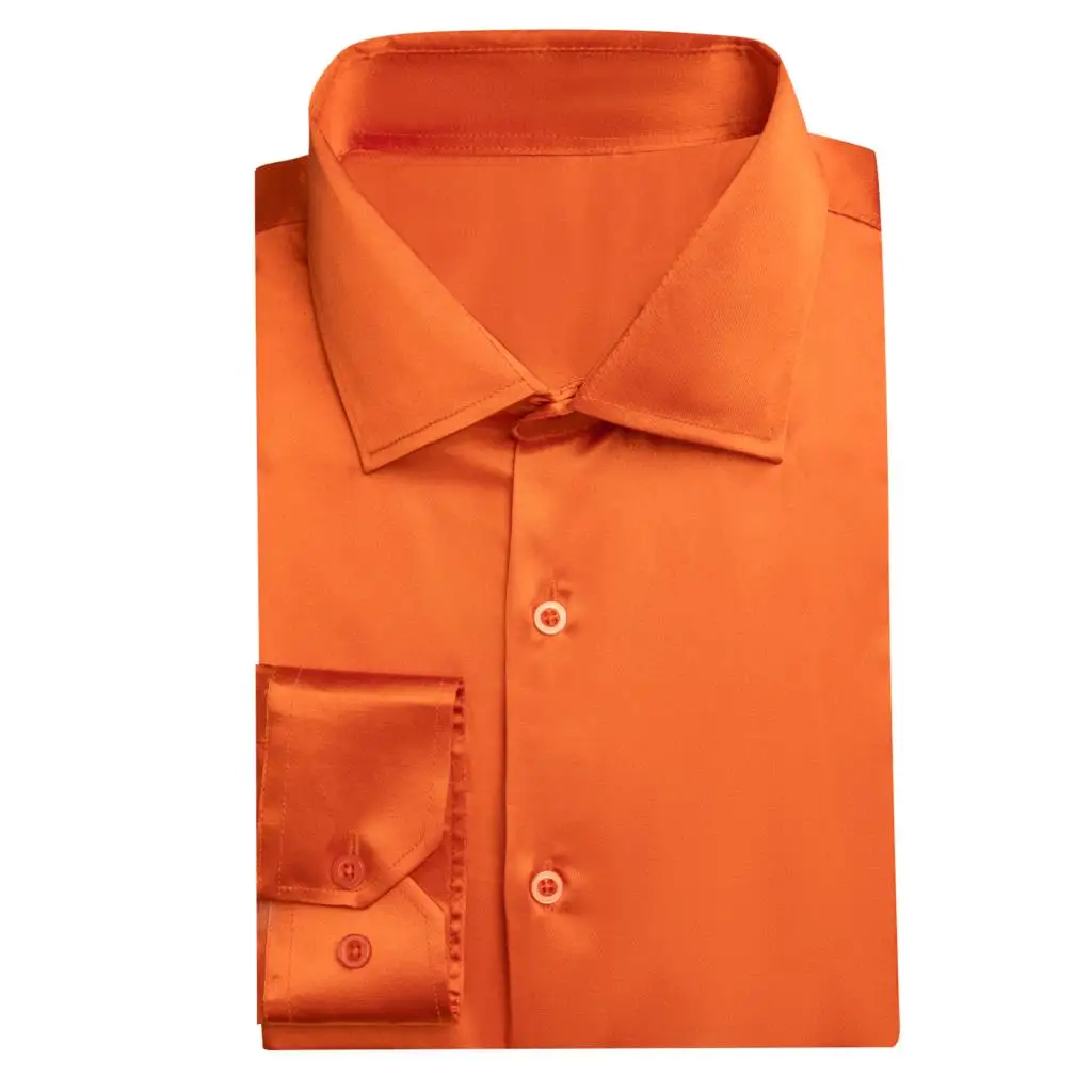 Hi-Tie Orange Plain Silk Mens Shirts Lapel Long Sleeve Dress Shirt Soft Blouse for Male Formal Casual Wedding Business Oversized