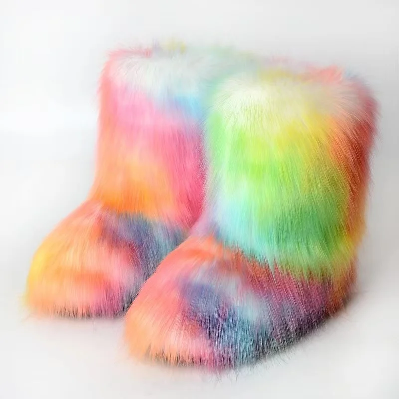 Hot Women Warm Fur Boots Woman Winter Plush Faux Fur Snow Boots Ladies Furry Outdoor Slip On Shoes Female Cozy Fuzzy Cotton Boot