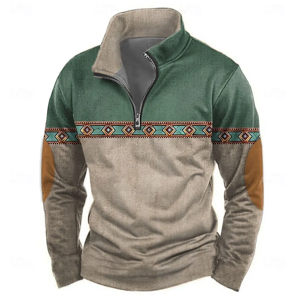 Fashion Stand Collar Men's Half Zip Long Sleeve Sweatshirts Vintage Nation Style Tops Autumn Winter Casual Pullover Men Clothing - Image 4
