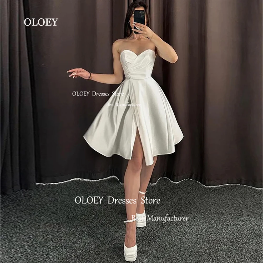 OLOEY Simple Strapless Wedding Dresses Photoshoot Pleated Satin Sweetheart A Line Bridal Gowns High Slit Robe de marriage