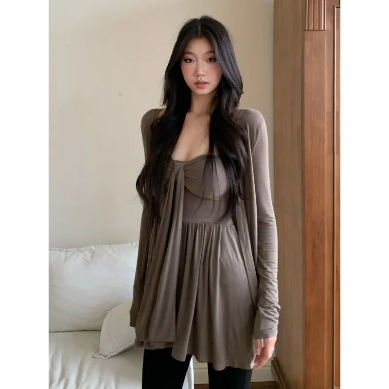 Niche Camisole Women's Breastless Padded All-in-one Top Slim-fitting Autumn Cardigan Jacket Trendy Women's Two-piece Suit