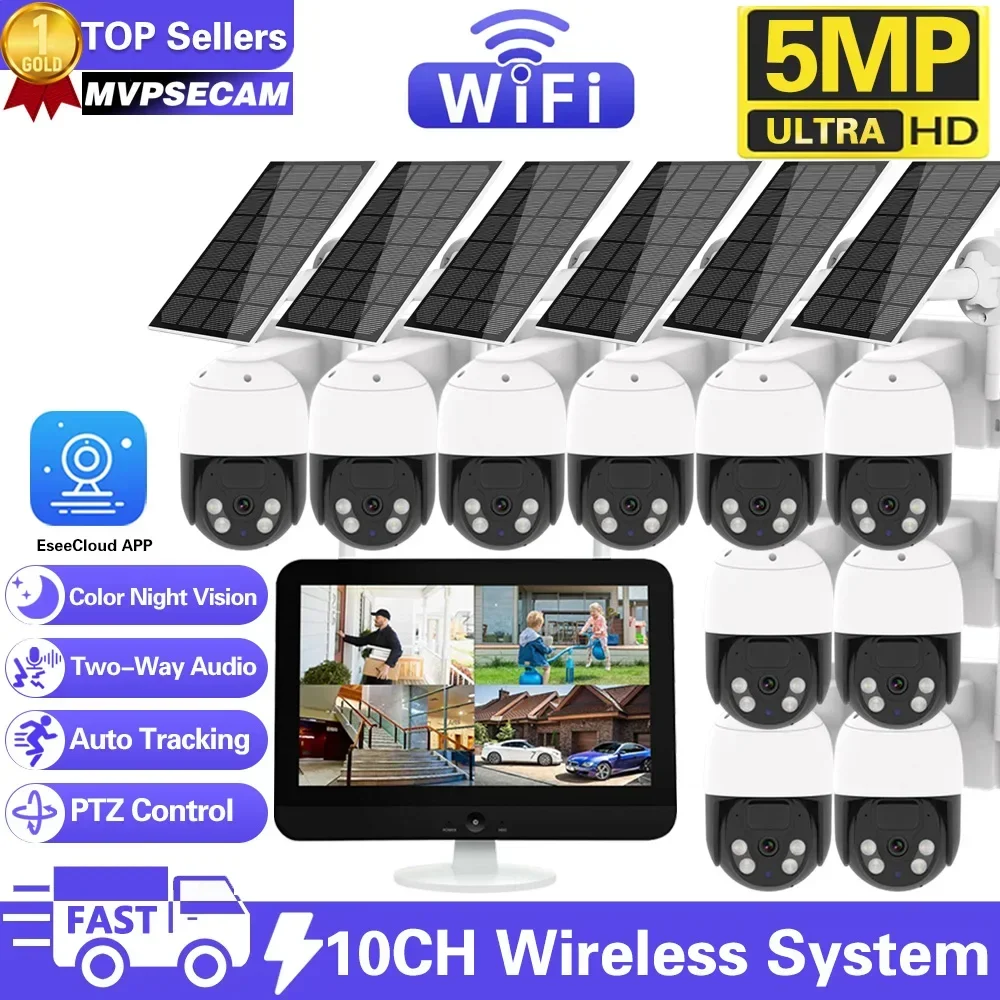 

10CH 12.5" LCD Monitor WiFi NVR 5MP Solar Powered Wireless Cam Kit Remote Access Built-in Battery Low Power Consumption Network