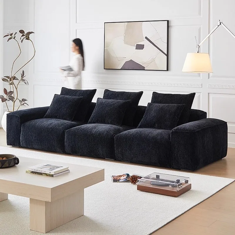 

French Mid-Century Tofu Block Sofa, Italian Minimalist Retro Straight Chenille Fabric Sofa Set for Living Room