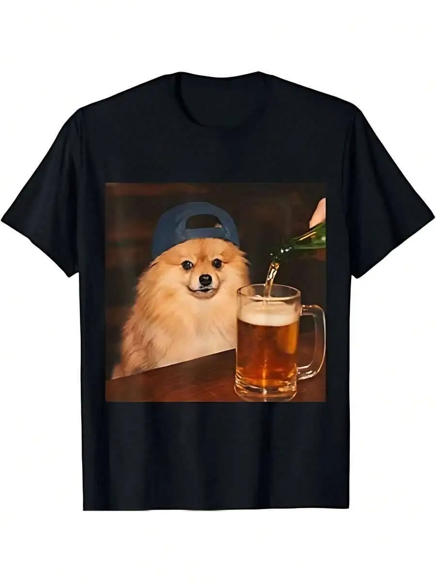 Pomeranian Drinking Beer Shirt Funny Fathers Day Dog Meme Men's T-Shirt Comfortable And Suitable For Everyday Wear 100% Cotton