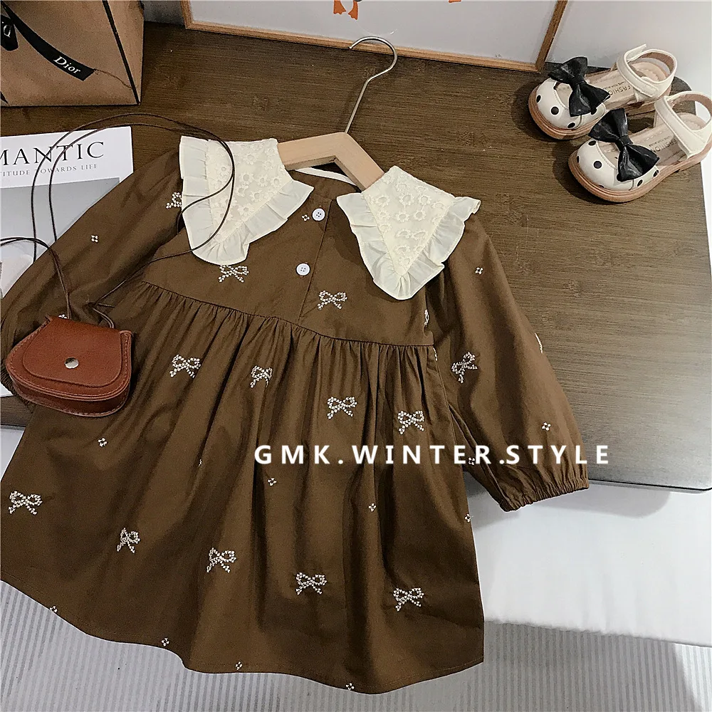 

Детское платье RAISE для девочек с лацканами, весеннее, с блестящим бантом, детское платье принцессы для девочек, платье с цветочным кружевным воротником и длинными рукавами для девочек от 2 до 8 лет