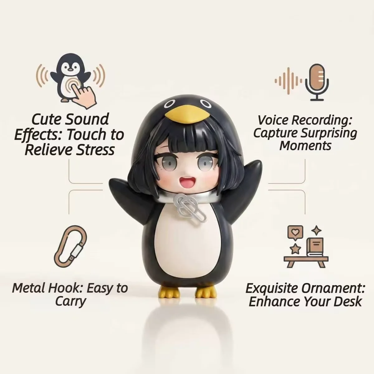 Guguga Penguin Button Voice Keychain Fidget Toy Stress Relief Squishy Sound Press Pendant Funny Gift for Kids Adults Bag Charm view 6