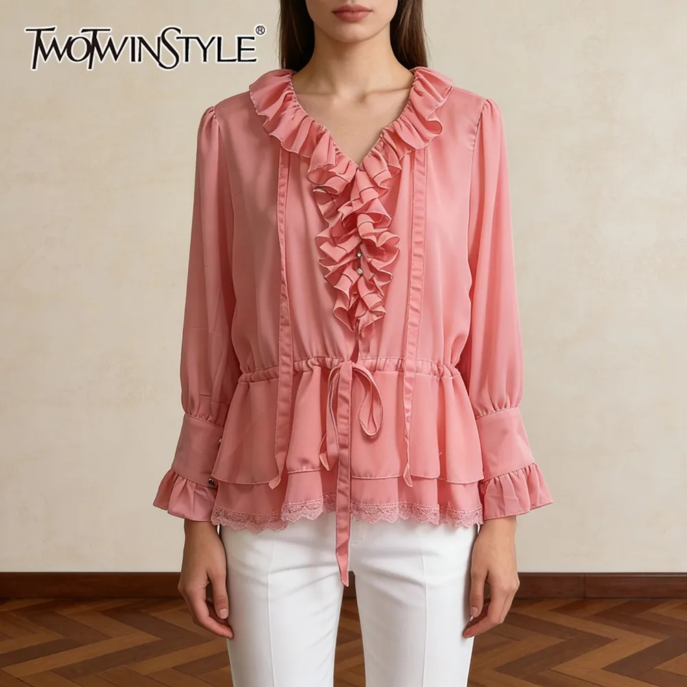 

TWOTWINSTYLE Solid Spliced Fungus Elegant Shirt Female V Neck Long Sleeve Loose French Luxury Women's Shirts Autumn Fashion New