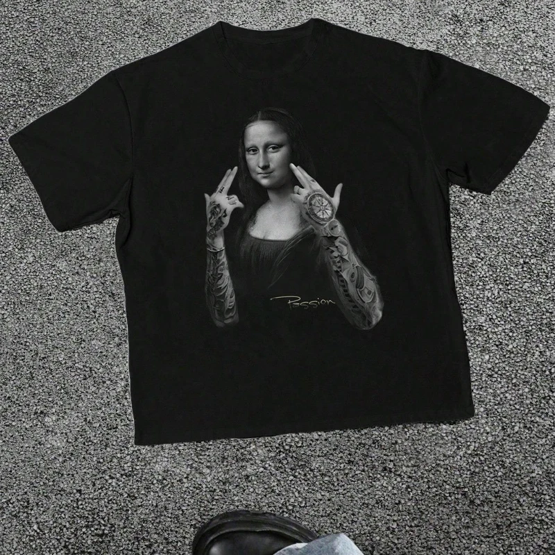 الأكثر مبيعًا في الصيف: تي شيرت بنمط الشارع الأمريكي للرجال - وشم محفز لمطبوعات شعار الموناليزا والسلام #1