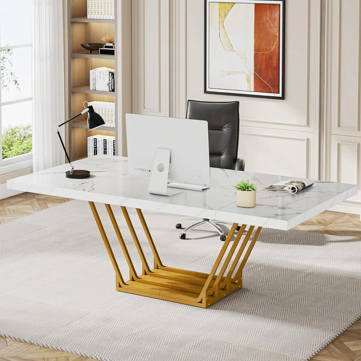 

63-Inch Modern Computer Desk, White Executive Desk with Gold Metal Frame, Large Office Desk Workstation Business Furniture