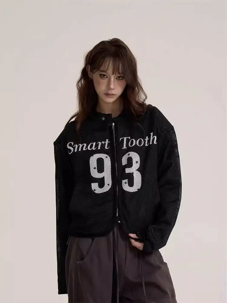 

2025 autumn Women's Retro Y2K Mesh Jacket Letter Print Loose Slim Fitting Stylish Versatile Casual Outerwear