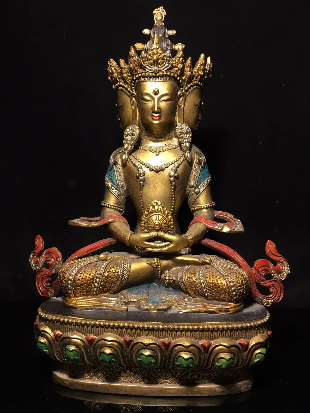 Tibetan old copper gilded and painted Buddha statue with four sides of Tara and Avalokitesvara Bodhisattva ornaments for home us