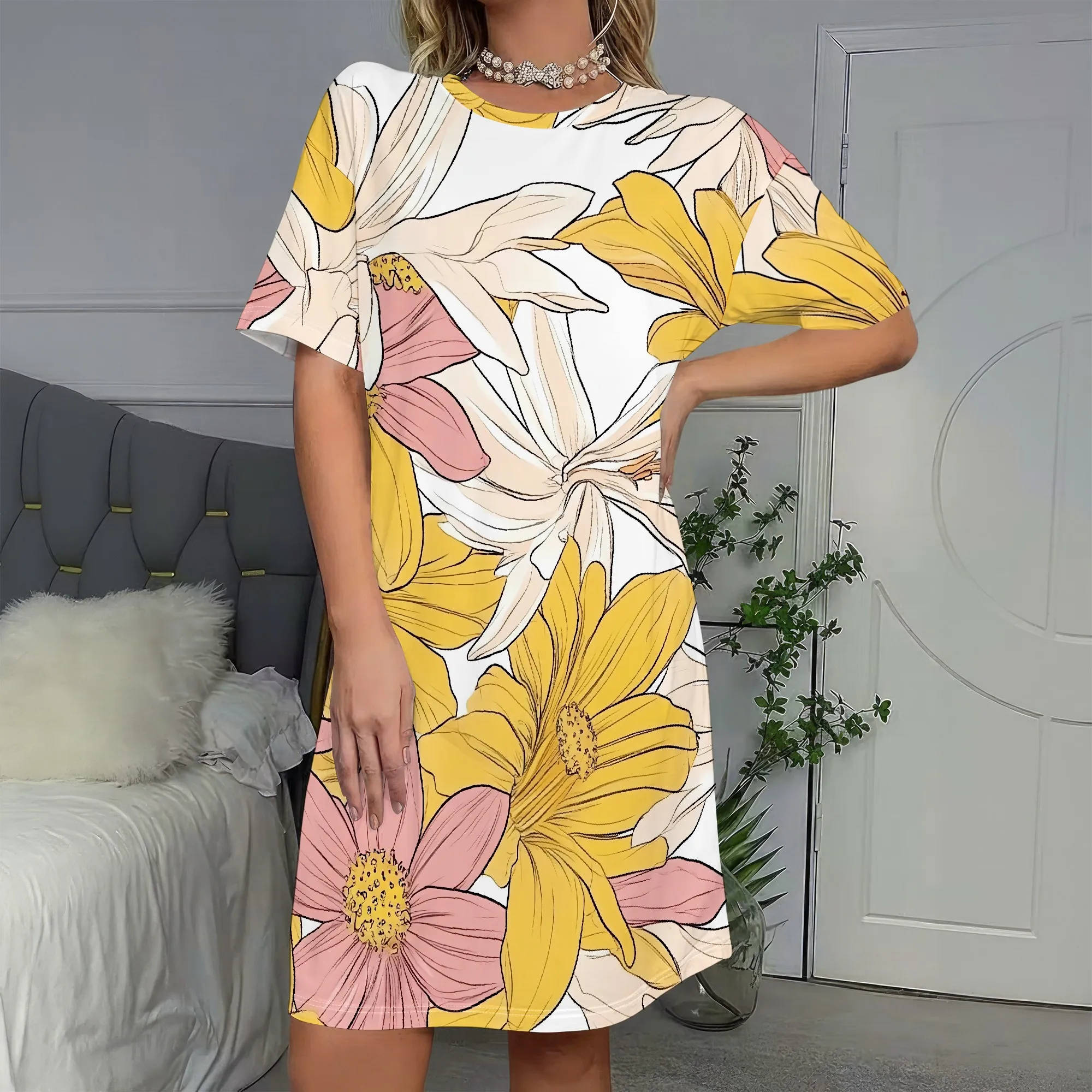 

Floral, Summer Dress, Short Sleeve, Casual Wear, Vibrant Print, Lightweight Fabric, Beach Outfit, S-2XL