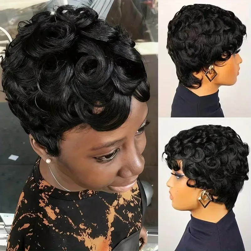 

Бразильские короткие парики из натуральных волос с челкой, короткий парик-пикси из натуральных волос для женщин, короткие черные кудрявые парики-пикси, полностью машинного изготовления