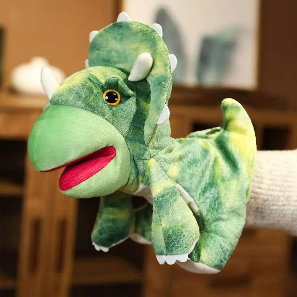 Peluche burattino a mano per bambini a bocca aperta con dinosauro triceratopo