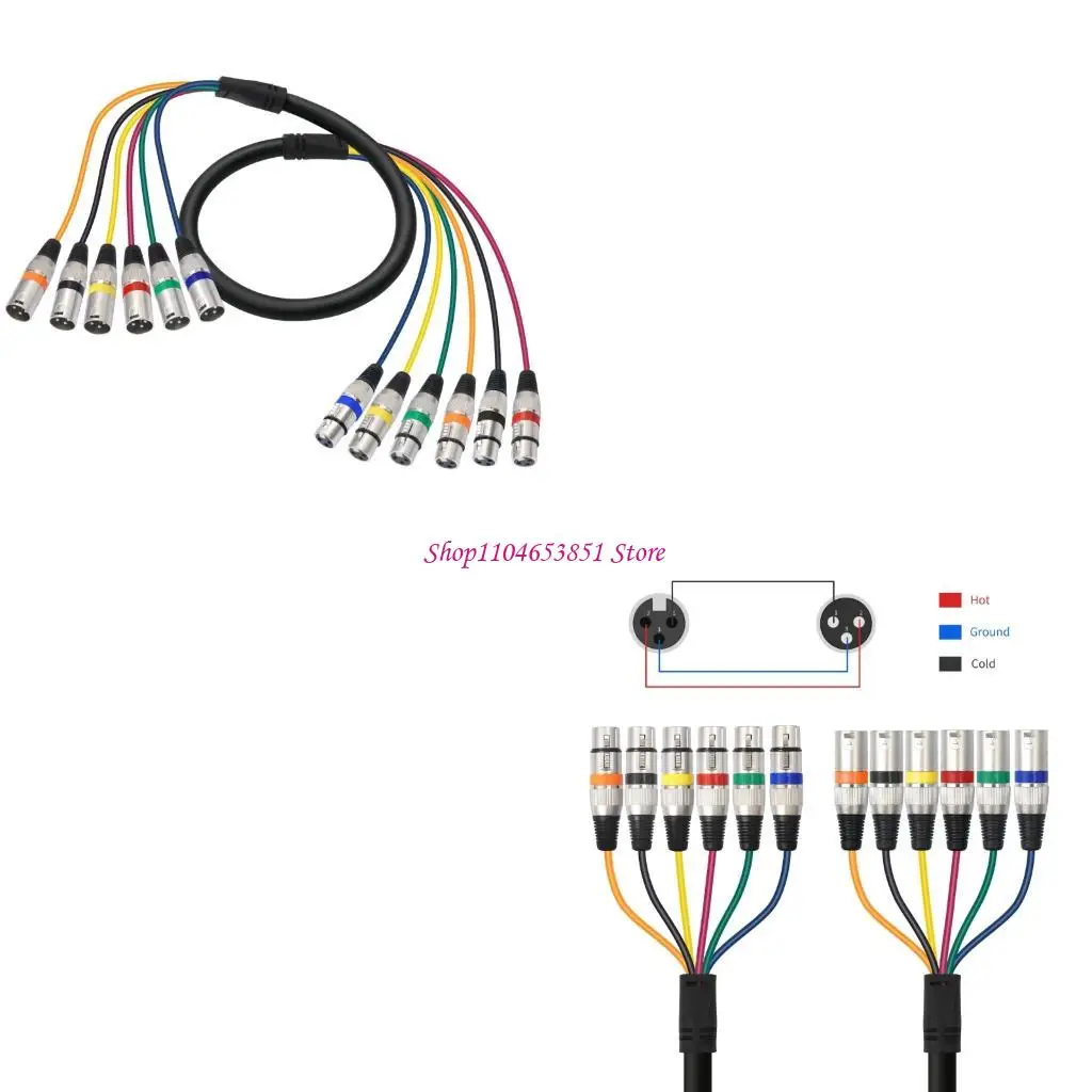 3-Pin XLR Snake Cord with Six Male-to-Female Lines, Metal Housings and Strain Relief for Stage Sound System Routing
