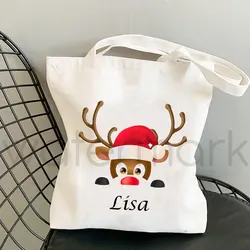 Name Customization Merry Christmas Present Shopping Tote Bags Eco Friendly Reusable Carrying Canvas Shoulder Bag Cloth Handbags