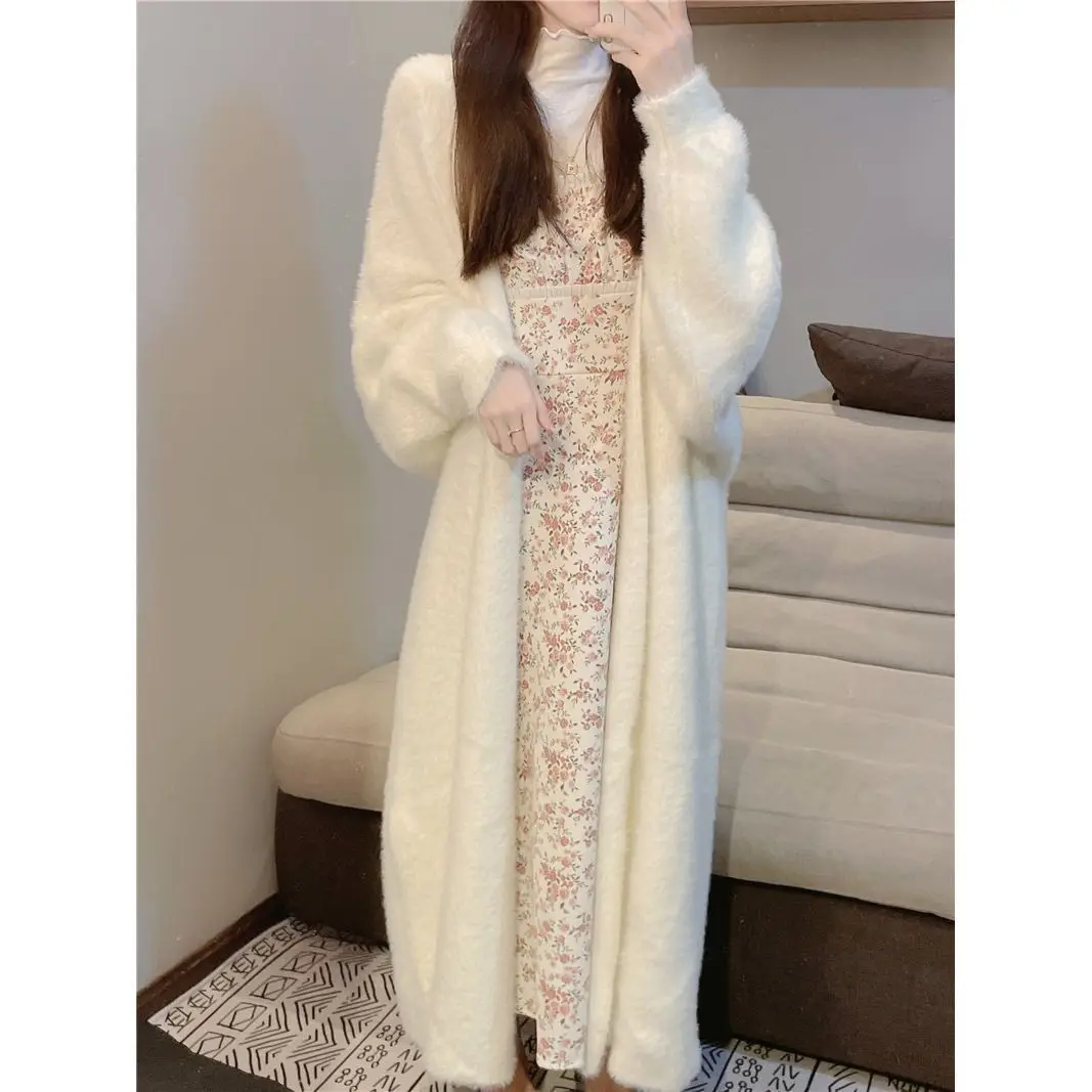 Gentle White Faux Mink Fur Coat for Women Medium to Long Length Sweater Lazy Style Knit Cardigan Jacket for Women