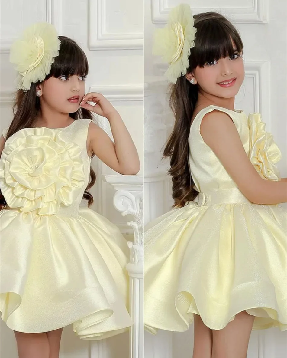 

Customized Yellow Flower Girl Dress For Wedding Satin Sleeveless Knee Length Elegant Kids Birthday Party First Communion Gown