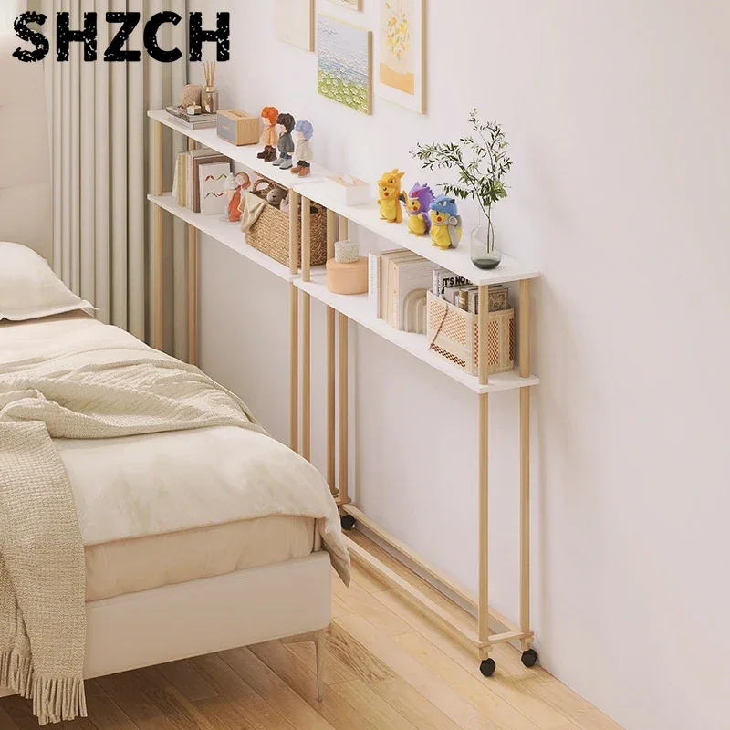 Bedside Gap Shelf Narrow Rack Bedroom Long Movable Solid Wood Layered Storage Rack with Wheels Legs Can Be Modified