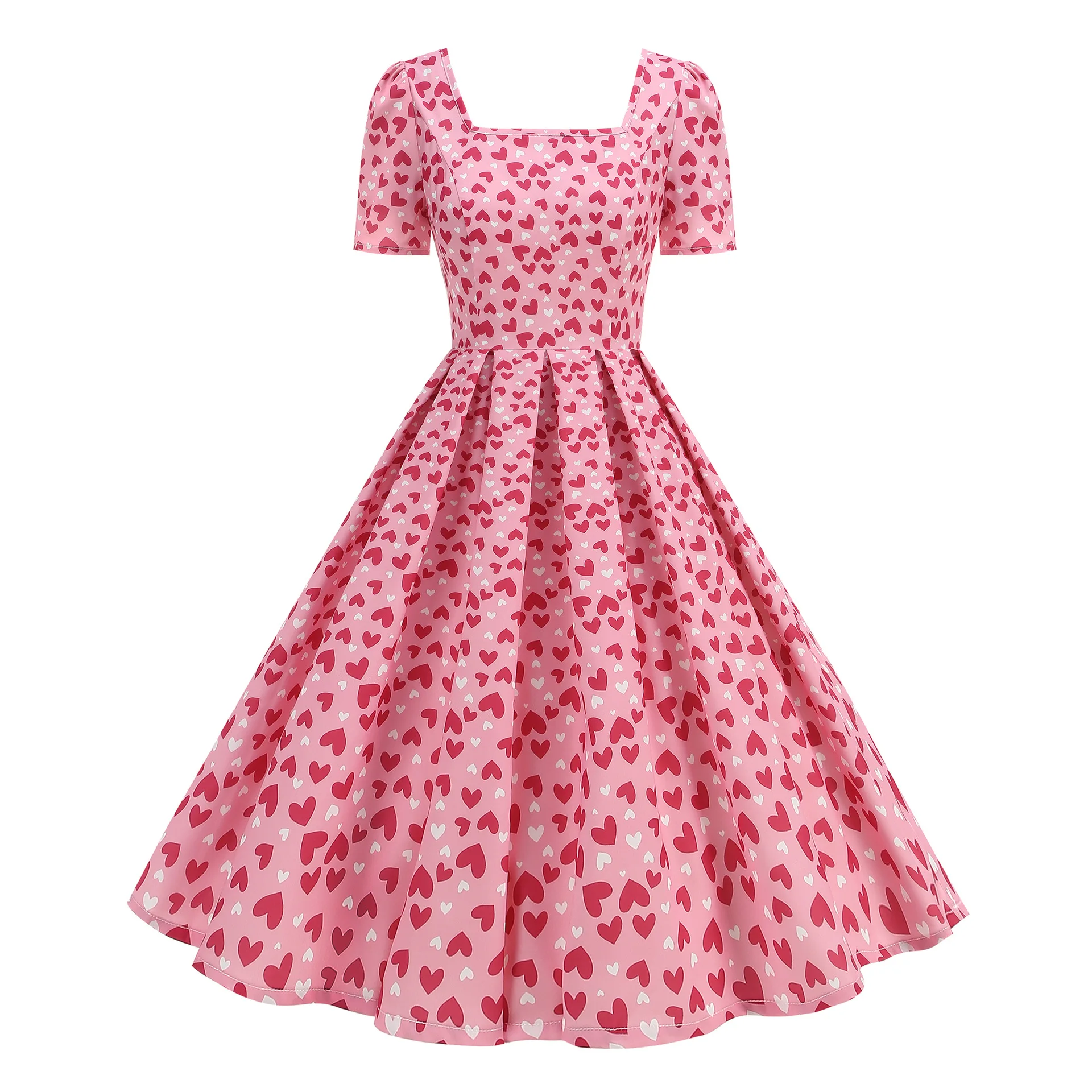 

Elegant Women Vintage Pleated Dresses Short Sleeve Party Dress for Valentine's Day